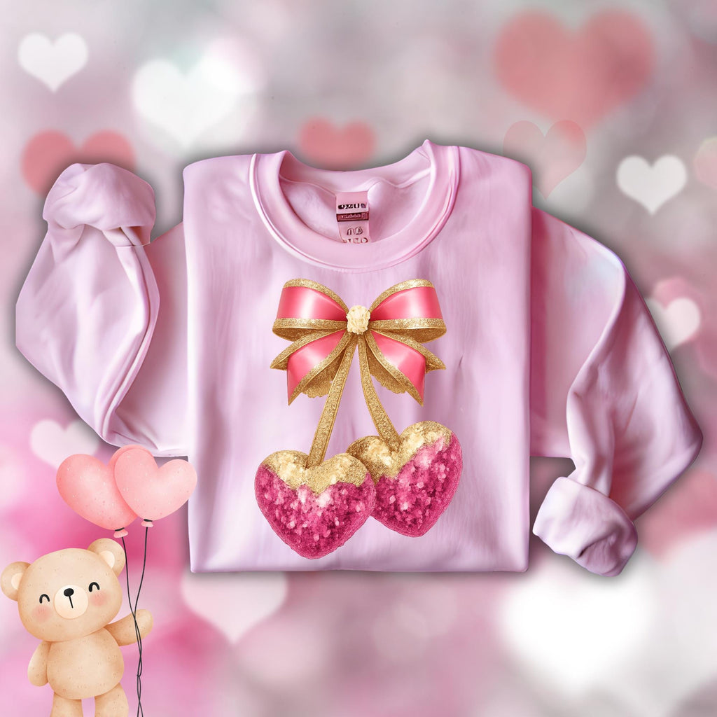 Cherry Heart Png, Valentine png, Pink Hearts Png,  Cherries and Heart Coquette Png, Faux Glitter Png, Cherry Hearts and Bow, Heart Cherries